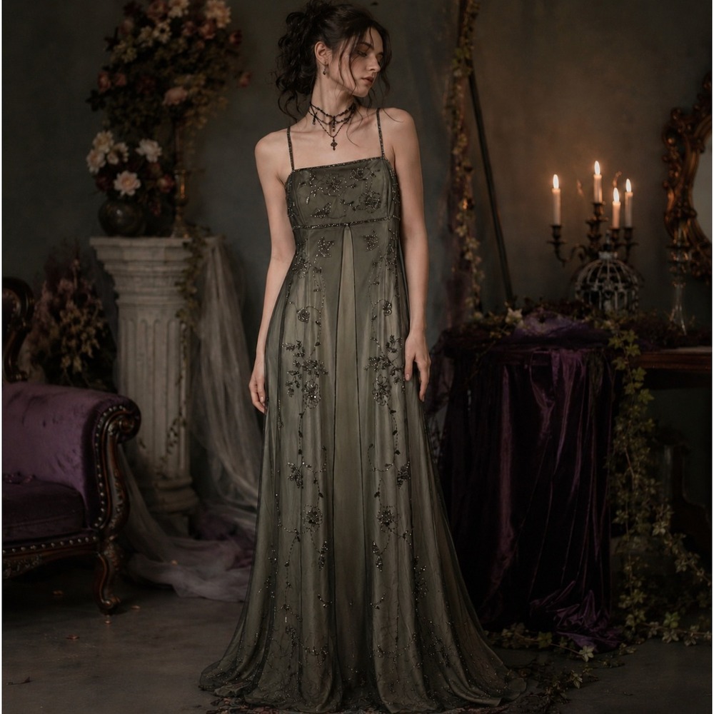 Betsy & Adam Beaded Floral Mesh Gown Whimsigoth Goth Regency Prom Y2K Glam M L